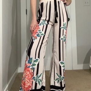 white and black striped floral pants
